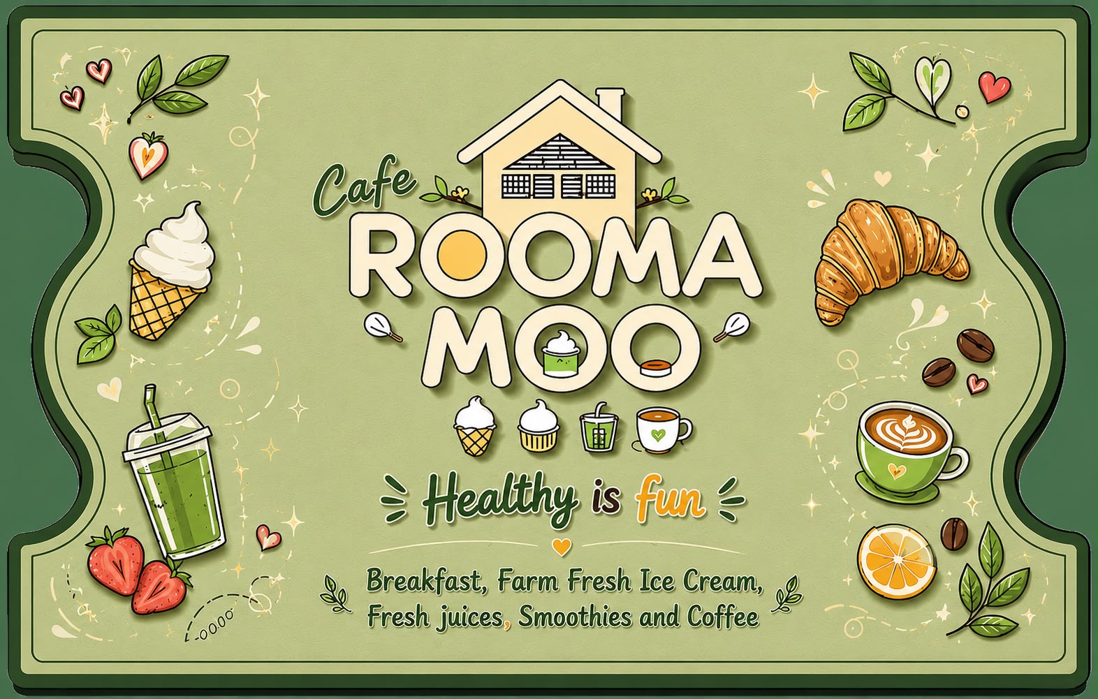 Cafe Rooma Moo hanging signboard — Healthy is fun