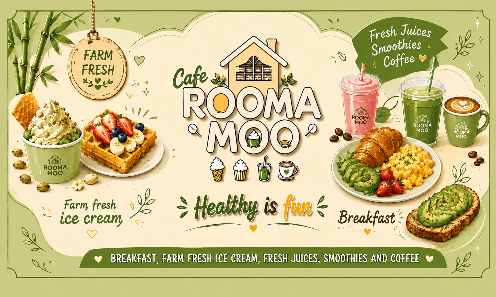 Cafe Rooma Moo storefront signboard — breakfast, farm fresh ice cream, fresh juices, smoothies and coffee
